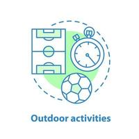 Football concept icon. Team sport. Outdoor activities idea thin line illustration. Football ball, field, stopwatch. Vector isolated outline drawing