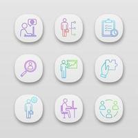 Business management app icons set. UI UX user interface. Technical chat, employee skill, task planning, staff searching, presentation, solution, manager, office, teamwork. Vector isolated illustration