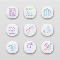 Business management app icons set. UI UX user interface. Resume, task solving, team, solution, staff hiring button, smart goal, online interview, teamwork, person in hand. Vector isolated illustration