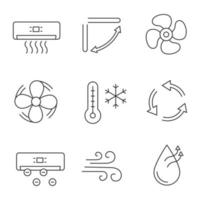 Air conditioning linear icons set. Air conditioner, louvers, exhaust fan, ventilator, winter, ventilation, ionizer, airflow, humidification. Isolated vector outline illustrations. Editable stroke