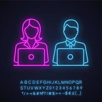 Coworking neon light icon. Office work. Freelancing. Colleagues working with laptops. Glowing sign with alphabet, numbers and symbols. Vector isolated illustration