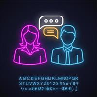 Business chat neon light icon. Work discussions. Job interview. Business conversation. Online support. Glowing sign with alphabet, numbers and symbols. Vector isolated illustration