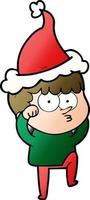 gradient cartoon of a curious boy rubbing eyes in disbelief wearing santa hat vector