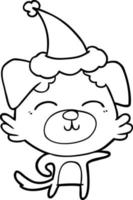 line drawing of a dog pointing wearing santa hat vector