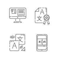 Machine translation linear icons set. Audio and video translator. Text editing. Certified translation, DTP services. Thin line contour symbols. Isolated vector outline illustrations. Editable stroke