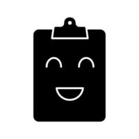 Smiling clipboard glyph icon. Test completed. Successful medical exam. Happy clipboard. Good results. Emoji, emoticon. Silhouette symbol. Negative space. Vector isolated illustration