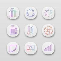 Air conditioning app icons set. Radiators, ventilation, sun, climate control, exhaust fan, louver, thermostat, level. UI UX user interface. Web or mobile applications. Vector isolated illustrations