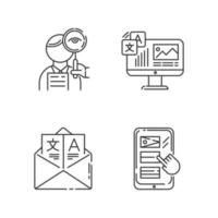 Translation linear icons set. Proofreading, website localization. Online dictionary . Email translation, DTP services. Thin line contour symbols. Isolated vector outline illustrations. Editable stroke