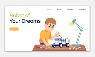 Robot of your dreams landing page vector template. Electronic constructor website interface idea with flat illustrations. Robotics courses homepage layout. Web banner, webpage cartoon concept