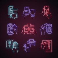 NFC technology neon light icons set. NFC bracelet, door lock, data transfer, smartphone, car. Near field communication. Contactless payment. Glowing signs. Vector isolated illustrations