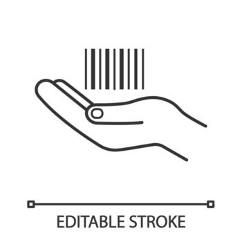 Hand holding barcode linear icon. One dimensional code. Thin line illustration. Barcode generator service. Merchandising. Retail. Bar code in hand. Vector isolated outline drawing. Editable stroke