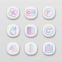 conjunto de iconos de aplicaciones de aire acondicionado. extractor de aire, termostato, grados Fahrenheit, Celsius, humidificación, suelo radiante, flujo de aire, termómetro, calentador. interfaz de usuario ui ux. Ilustraciones de vectores aislados