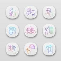 NFC technology app icons set. NFC bracelet, door lock, data transfer, smartphone, car. Near field communication. UI UX user interface. Web or mobile applications. Vector isolated illustrations