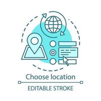 Choose location concept icon. Planning travel destination idea thin line illustration. Route choosing. Searching location. Address indicator. Vector isolated outline drawing. Editable stroke