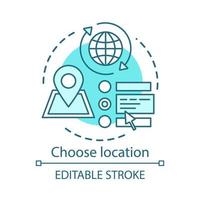 Choose location concept icon. Planning travel destination idea thin line illustration. Route choosing. Searching location. Address indicator. Vector isolated outline drawing. Editable stroke