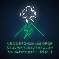 Volcanic eruption neon light icon. Geothermal power. Active volcano explosion. Seismically hazardous area. Glowing sign with alphabet, numbers and symbols. Vector isolated illustration