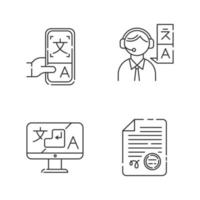 Translation linear icons set. Interpretation, apostilles and document legalization. Online dictionary . Translator. Thin line contour symbols. Isolated vector outline illustrations. Editable stroke