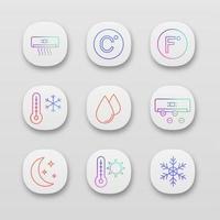 Air conditioning app icons set. UI UX user interface. Conditioner, Celsius, Fahrenheit, winter and summer temperature, water drop, ionizer, night mode, snowflake. Vector isolated illustrations