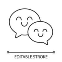 Smiling speech bubbles linear icon. Happy chatting. Thin line illustration. Social media. Online communication. Emoji, emoticon. Contour symbol. Vector isolated outline drawing. Editable stroke