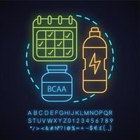 Sports nutrition store neon light concept icon. Professional sport idea. BCAA supplement, schedule, water bottle. Glowing sign with alphabet, numbers and symbols. Vector isolated illustration