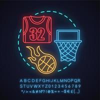 Basketball neon light concept icon. Team sport idea. Basketball ball, hoop, shirt. Glowing sign with alphabet, numbers and symbols. Vector isolated illustration