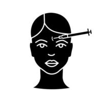 Forehead neurotoxin injection glyph icon. Frown lines anti wrinkle injection. Cosmetic procedure. Wrinkle reducing. Facial rejuvenation. Silhouette symbol. Negative space. Vector isolated illustration