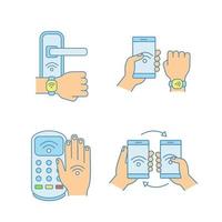 NFC technology color icons set. Near field door lock, bracelet, payment terminal, data transfer. Isolated vector illustrations