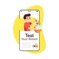Test your robot social media posts smartphone app screen. Mobile phone displays with cartoon characters design mockup. Electronic construction assembly instruction application telephone interface vector