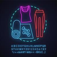 Gym neon light concept icon. Fitness idea. Yoga mat, dumbbells, activewear. Glowing sign with alphabet, numbers and symbols. Vector isolated illustration