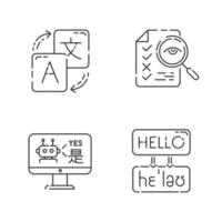 Machine translation services linear icons set. Online translation. Multilingual chatbot. Transcription, proofreading. Thin line contour symbols. Isolated vector outline illustrations. Editable stroke