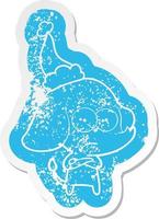 cartoon distressed sticker of a unsure elephant wearing santa hat vector