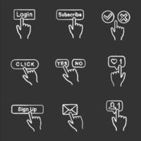 App buttons chalk icons set. Click. Login, subscribe, accept and decline, yes or no, likes counter, sign up, message, new follower. Isolated vector chalkboard illustrations