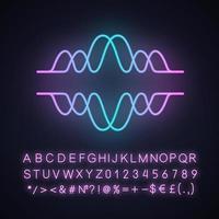 Overlapping waves neon light icon. Voice recording, radio signal. Abstract music frequency level. Noise, vibration amplitude. Glowing sign with alphabet, numbers, symbols. Vector isolated illustration