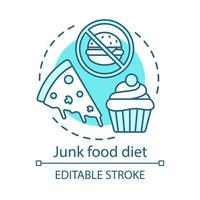 Junk food diet, healthy lifestyle concept icon. Unhealthy nutrition idea thin line illustration. Fastfood rejection. Tasty cupcake, pizza and burger vector isolated outline drawing. Editable stroke