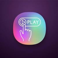 Play button click app icon. UI UX user interface. Multimedia player. Start, launch. Hand pushing button. Web or mobile applications. Vector isolated illustration