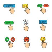 App buttons color icons set. Click. Sign up, message, yes or no, buy, like, login, accept or decline, start, play. Isolated vector illustrations