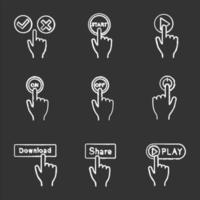 App buttons chalk icons set. Click. Accept and decline, start, play, turn on and off, power, download, share, launch. Isolated vector chalkboard illustrations