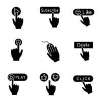 App buttons glyph icons set. Click. Play, subscribe, like, power, computer mouse, delete, play, thumbs up and down. Silhouette symbols. Vector isolated illustration