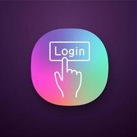 Login button click app icon. UI UX user interface. Authorization. Hand pressing button. Web or mobile applications. Vector isolated illustration