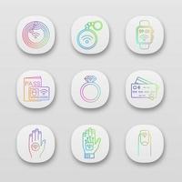 NFC technology app icons set. Near field chip, trinket, smartwatch, identification system, ring, credit card, sticker, hand implant, manicure. UI UX user interface. Vector isolated illustrations