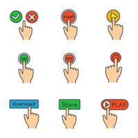 App buttons color icons set. Accept and decline, start, play, turn on and off, power, download, share, launch. Click. Isolated vector illustrations