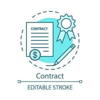 Contract concept icon. Legal agreement idea thin line illustration. Formal arrangement. Signing document. Deal, paperwork. Employee hiring, recruiting. Vector isolated outline drawing. Editable stroke