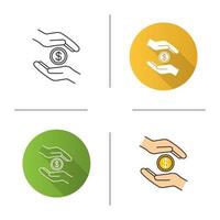 Charity icon. Flat design, linear and color styles. Donation. Islamic zakat. Helping hands. Alms-giving. Isolated vector illustrations