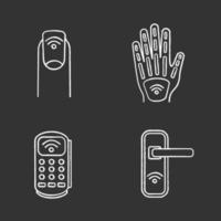 NFC technology chalk icons set. Near field manicure, hand implant, POS terminal, door lock. Isolated vector chalkboard illustrations