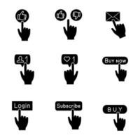 App buttons glyph icons set. Click. Like, thumbs up and down, message, new follower, likes counter, buy now, login, subscribe, add to cart. Silhouette symbols. Vector isolated illustration