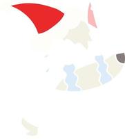 flat color illustration of a crying wolf wearing santa hat vector