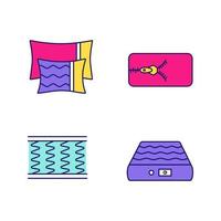 Orthopedic mattress color icons set. Pillows, removable cover, spring and air mattresses. Isolated vector illustrations