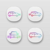 Smart cars app icons set. NFC autos. Intelligent vehicles. Self driving automobiles. Autonomous cars. Driverless vehicles. UI UX interface. Web or mobile applications. Vector isolated illustrations