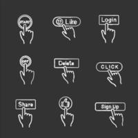 App buttons chalk icons set. Click. Start, like, login, turn off, delete, share, thumb up, sign up. Isolated vector chalkboard illustrations