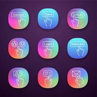 Click buttons icons set. Download, share, play, like and dislike, login, subscribe, new follower, like counter, message. UI UX user interface. Web or mobile applications. Vector isolated illustrations